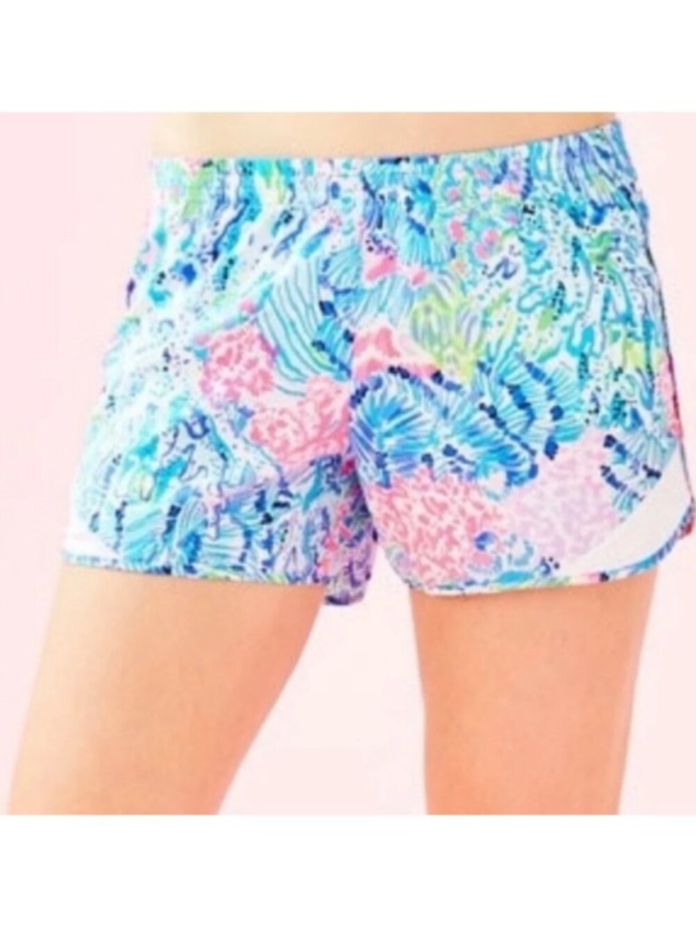 Lilly Pulitzer Blue Pink Floral Luxletic Mini Athletic Shorts, Size XS